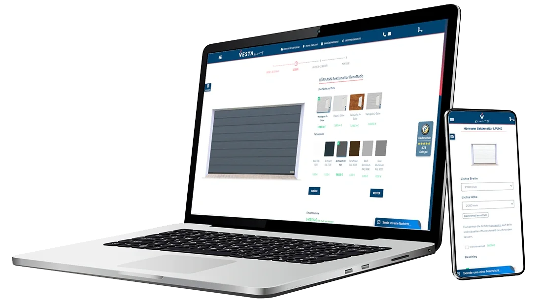 Vesta Living Konfiguratoren mit Preis für Garagentore und Türen